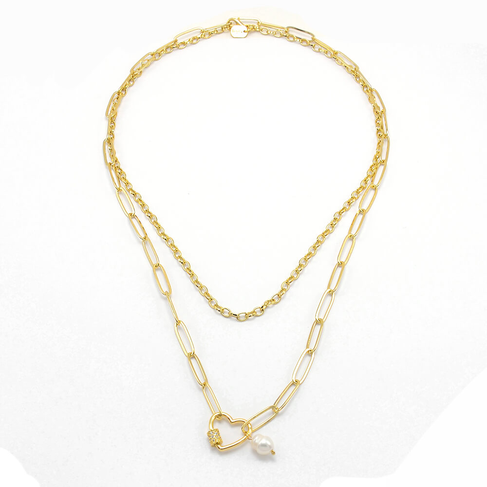 Heart Carabiner 2 Layer Gold Chain Necklace