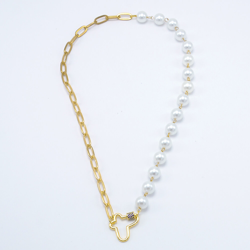 Butterfly Carabiner Half  Pearl Half Gold Chain Necklace
