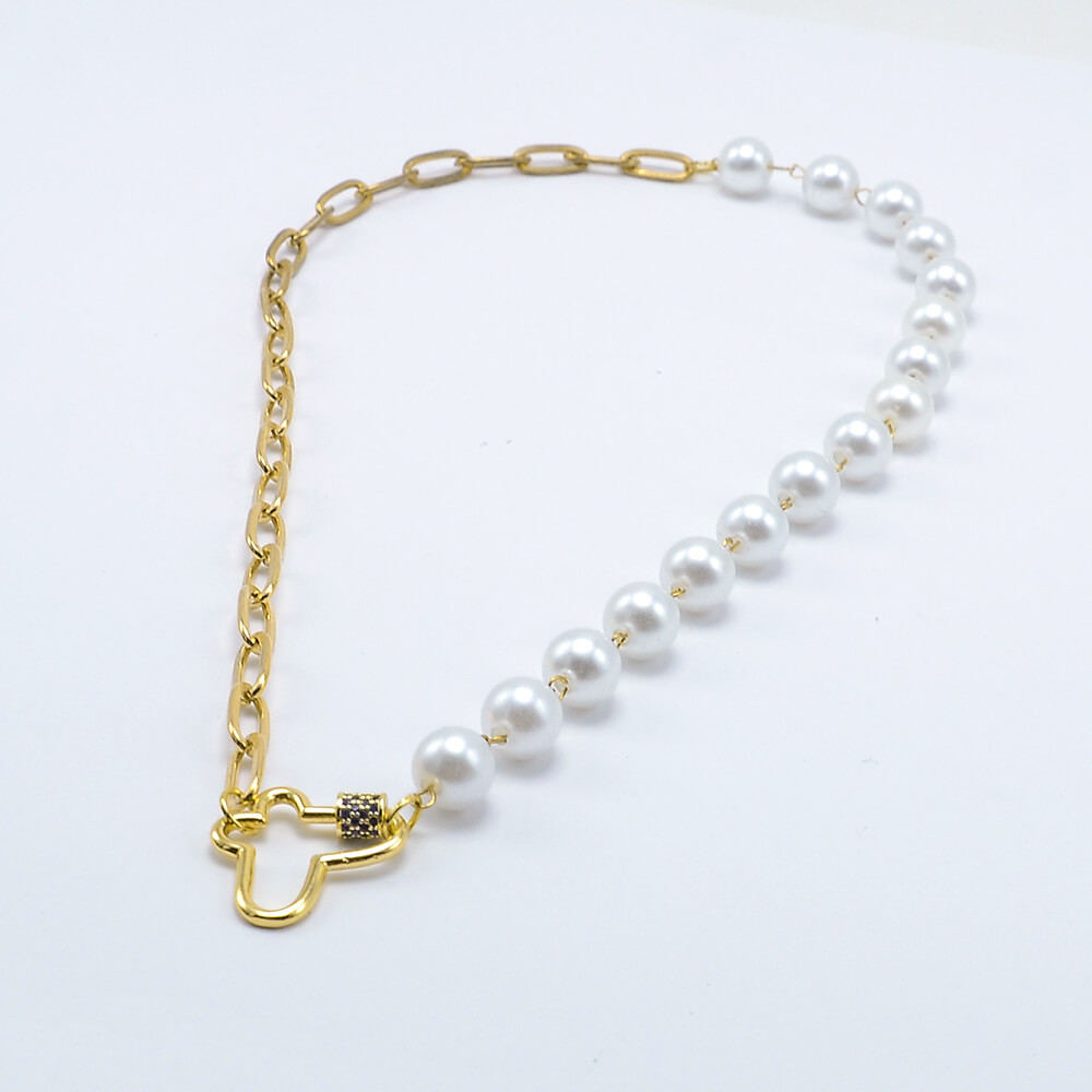 Butterfly Carabiner Half  Pearl Half Gold Chain Necklace
