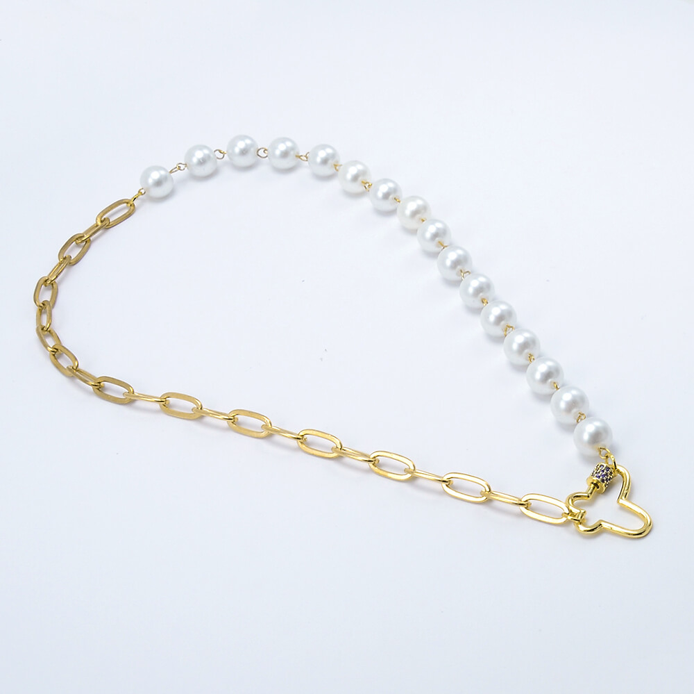 Butterfly Carabiner Half  Pearl Half Gold Chain Necklace