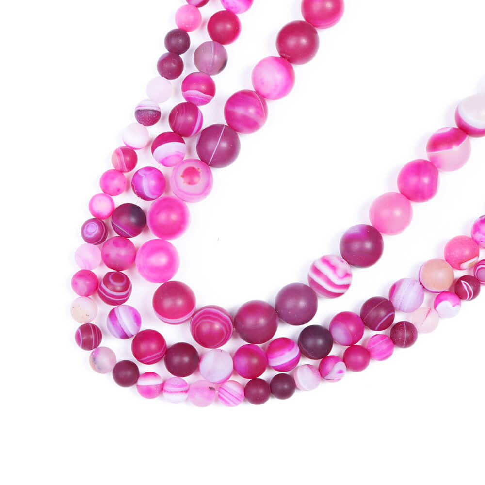 Hot Pink Matte Striped Agate Round Beads