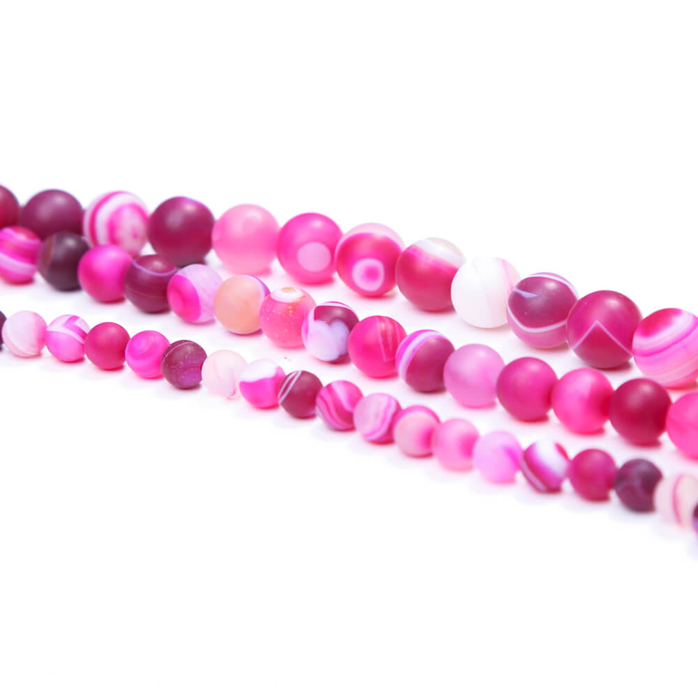 Hot Pink Matte Striped Agate Round Beads