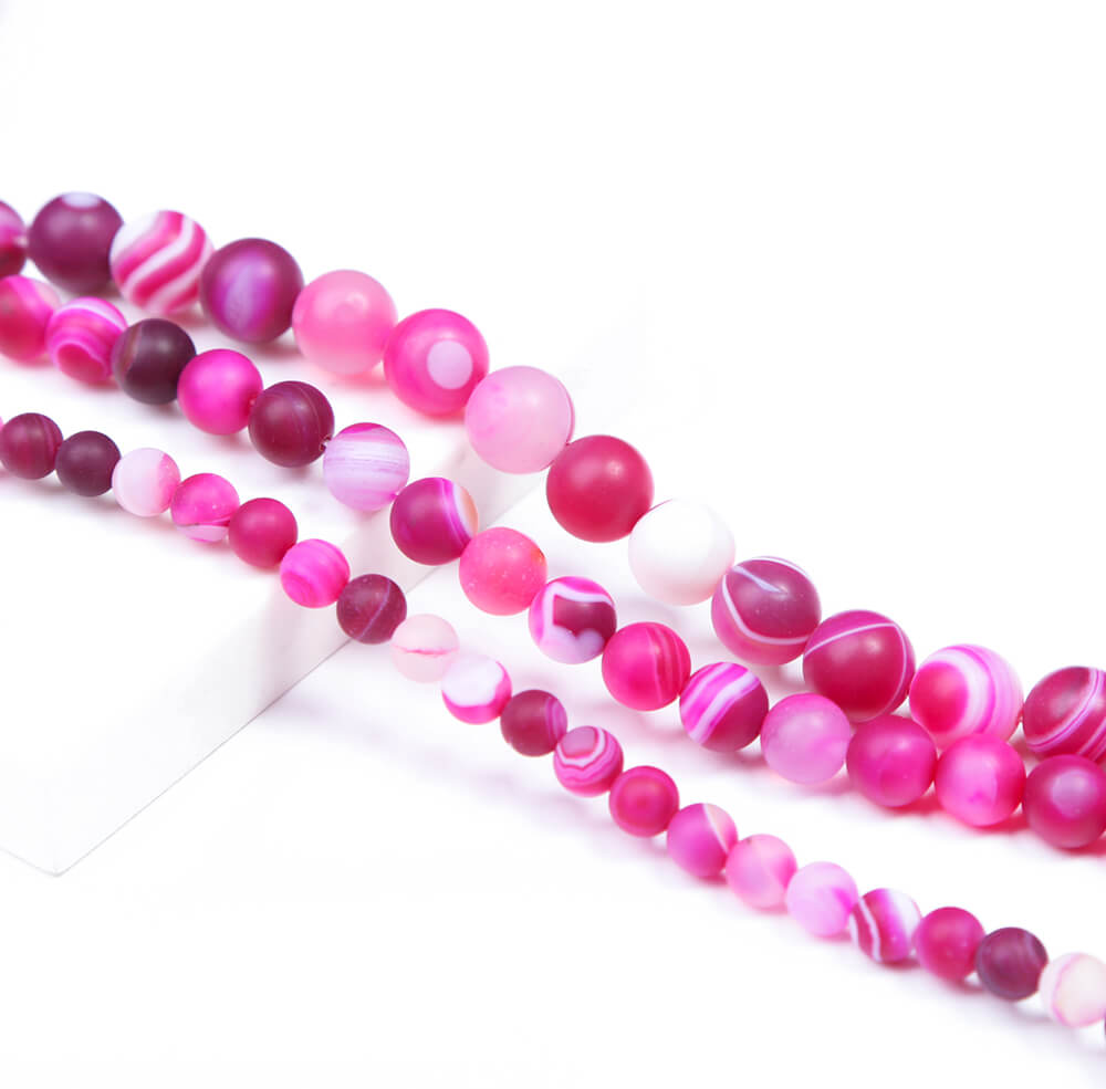 Hot Pink Matte Striped Agate Round Beads