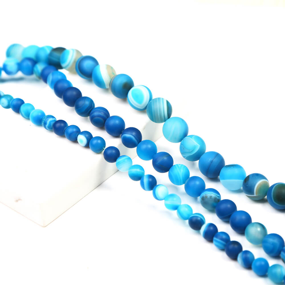 Blue Striped Agate Matte Round Beads