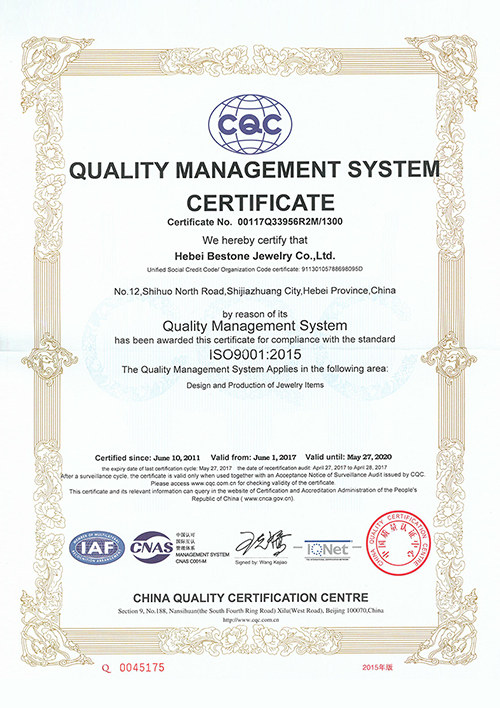 CQC Centre issued certificate ISO9001 to Bestone Jewelry