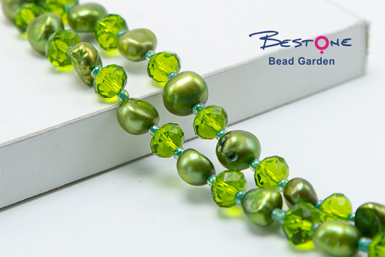 8x6mm Green Faceted Rondelle Glass Beads and Dyed Pearl Beads