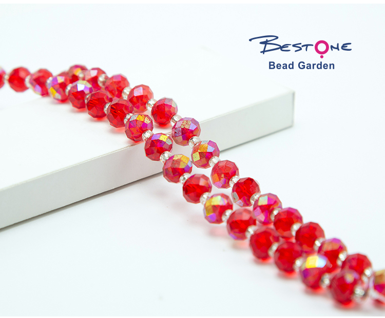 10x8mm Red Faceted Rondelle Beads with Half Multi Iris Plated