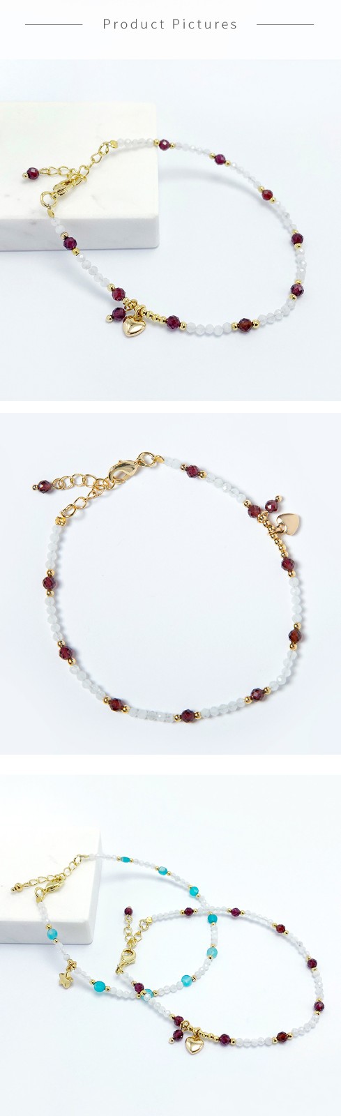 Bestone  2.5mm Moonstone 3mm Garnet Bracelet