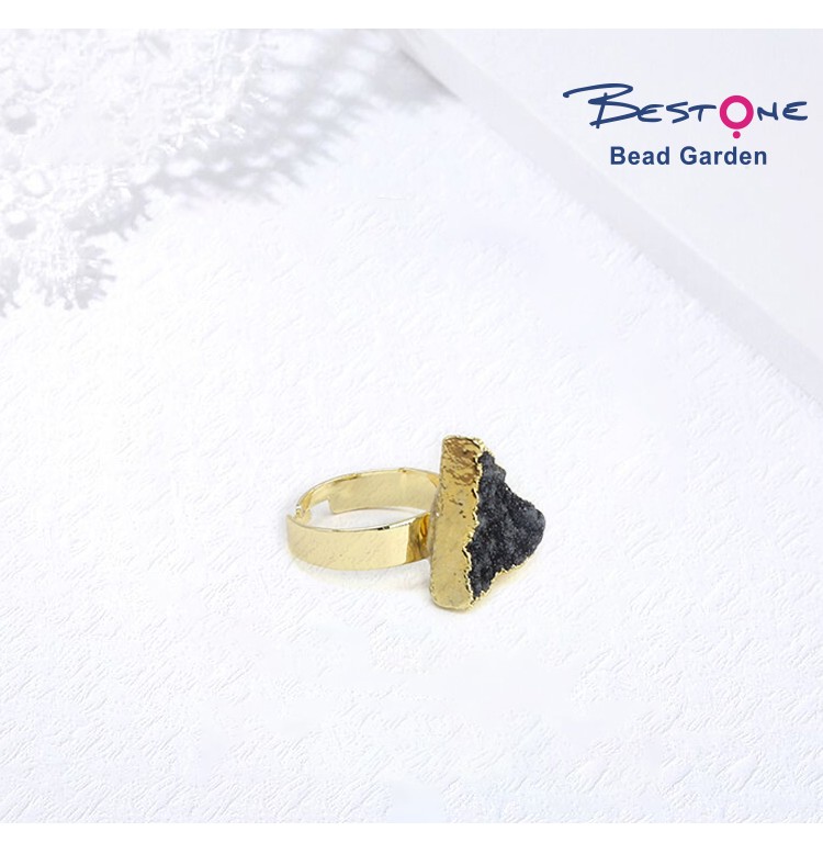 Triangle Gemstone Handmade Black Agate Druzy Ring