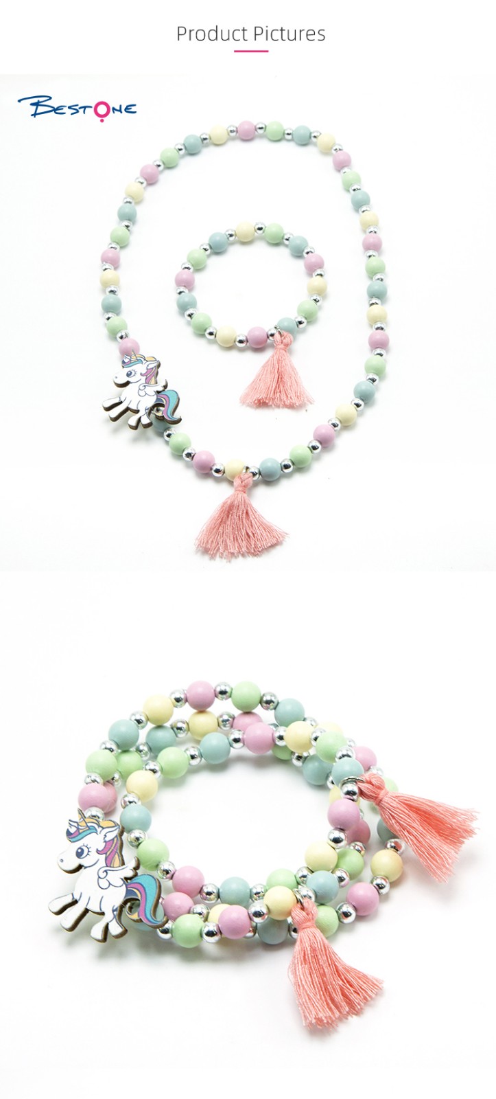 Girls Unicorn Wood Bracelet Necklace Set