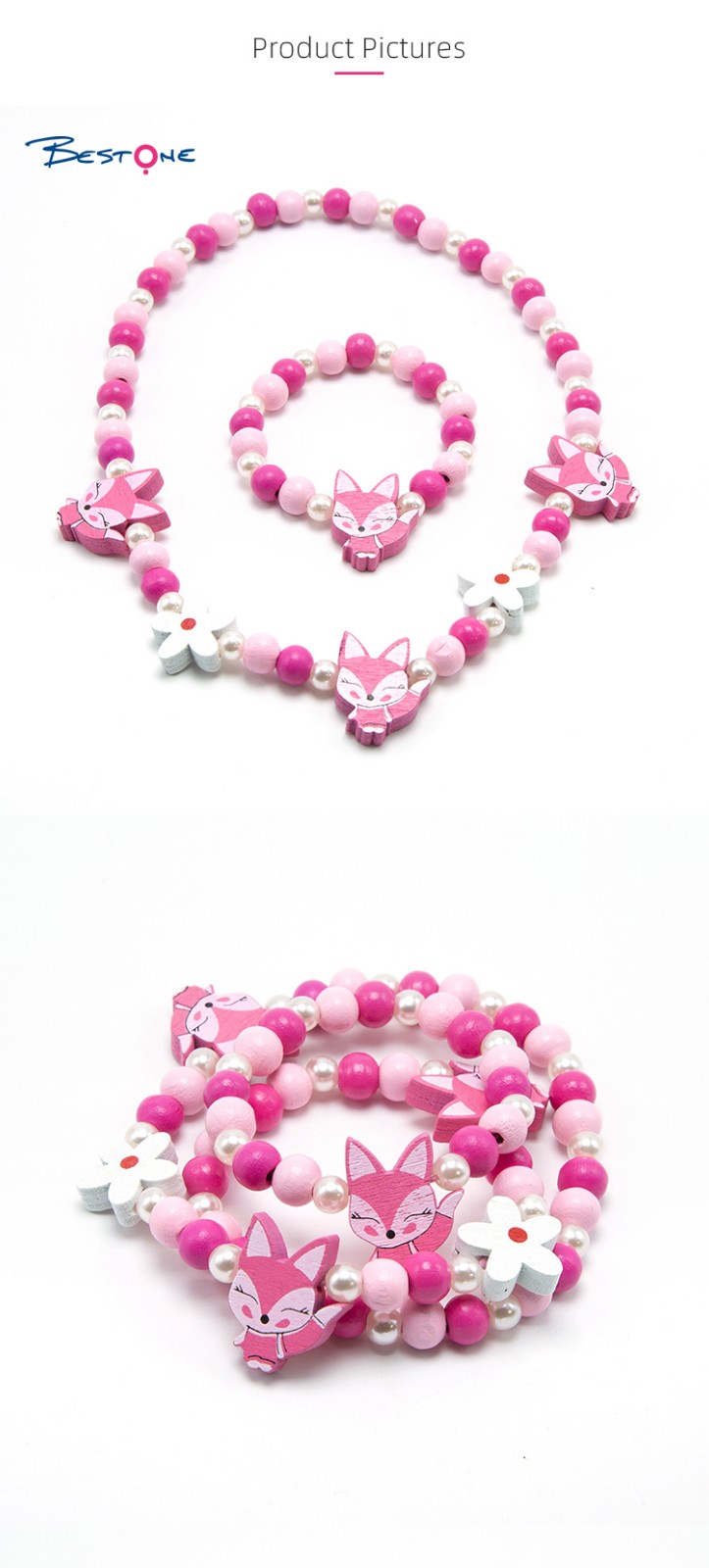 Girls Fox Wood Bracelet Necklace Set