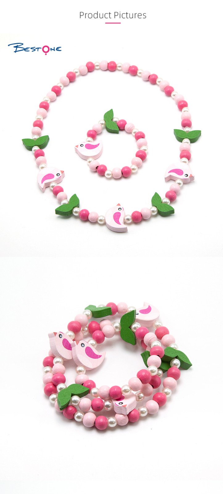 Girls Bird Wood Bracelet Necklace Set