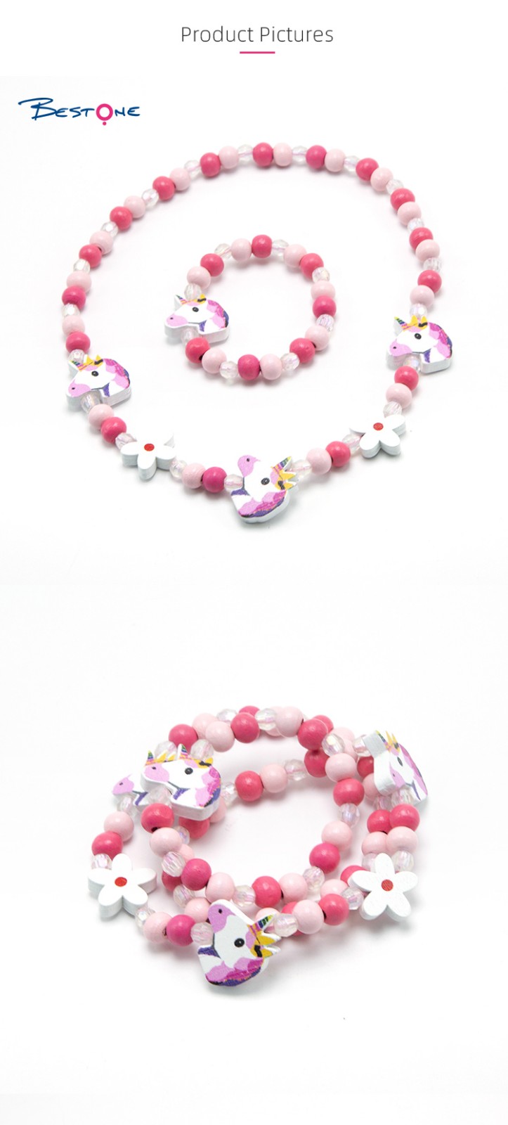 Girls Cute Unicorn Wood Bracelet Necklace Set