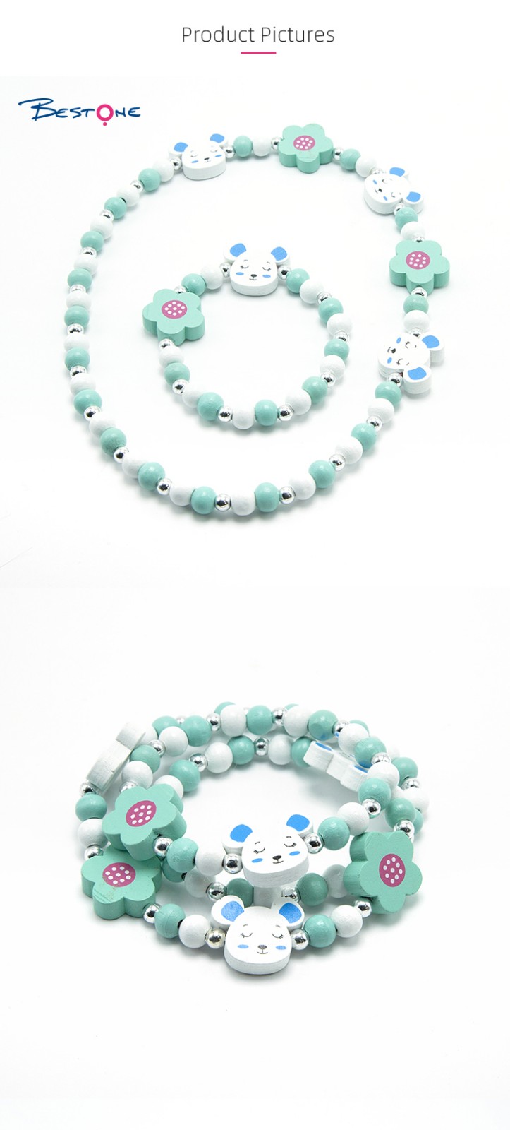 Girls Bear Wood Bracelet Necklace Set