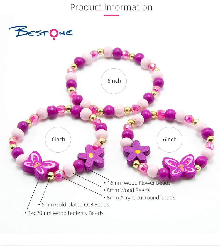 Girls Flowers Wood Bracelets Set