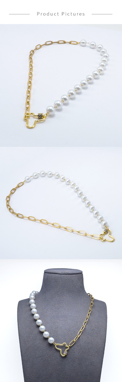 Butterfly Carabiner Half  Pearl Half Gold Chian Necklace