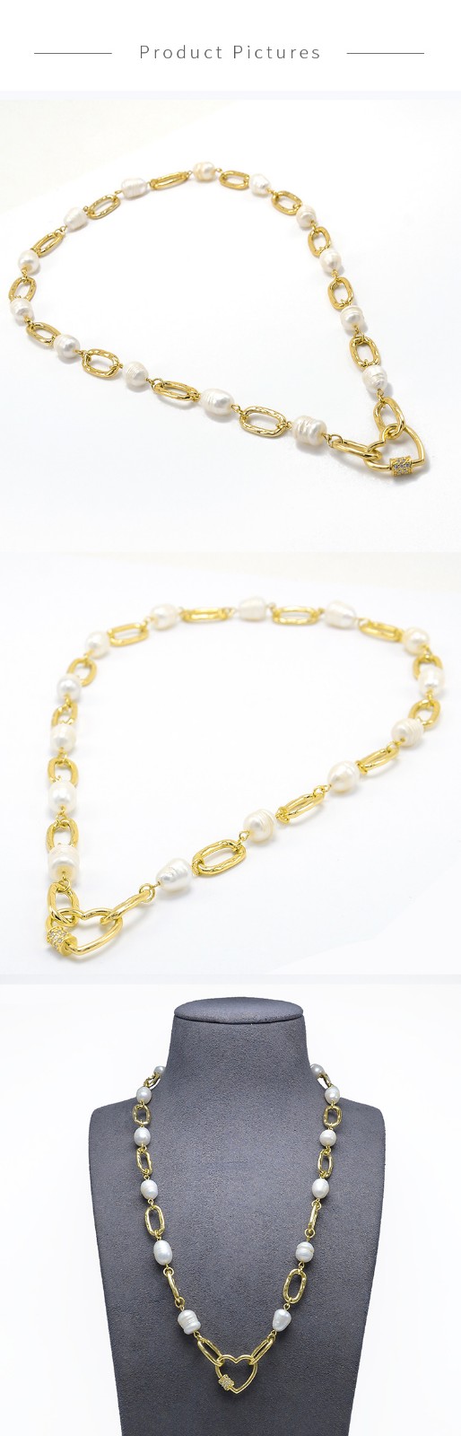 Heart Carabiner Pearl Gold Chian Necklace