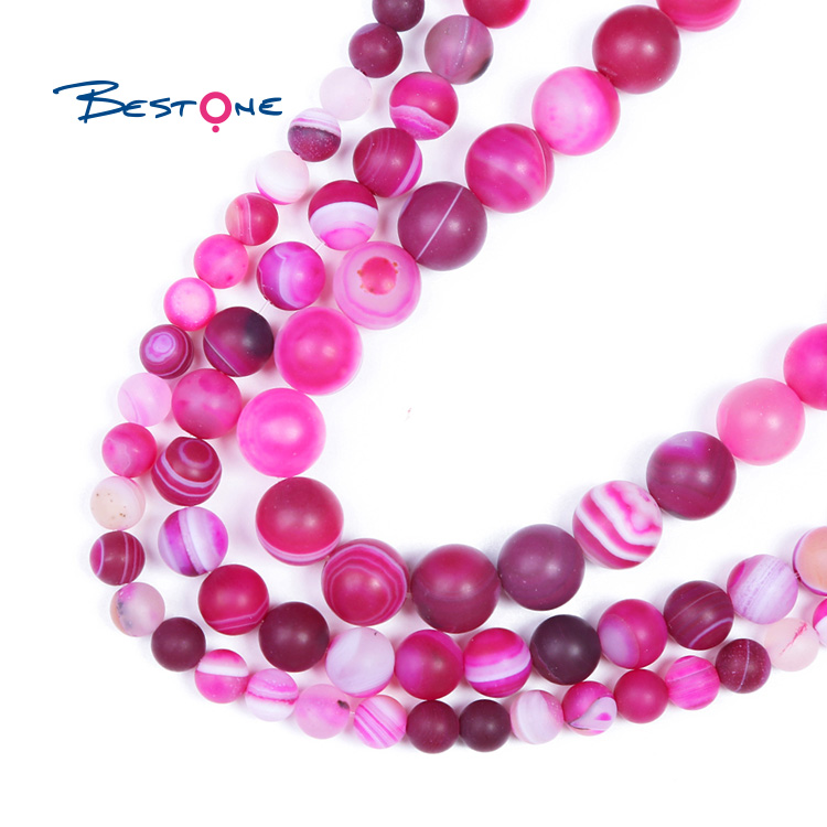 Hot Pink Matte Striped Agate Round Beads