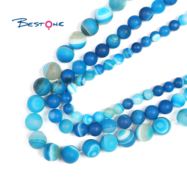 Blue Striped Agate Matte Round Beads