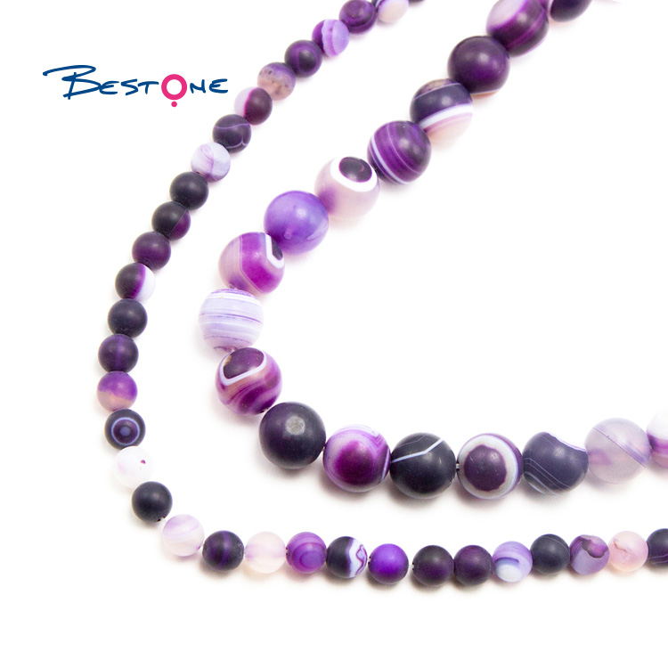 Purple Striped Agate Matte Round Beads