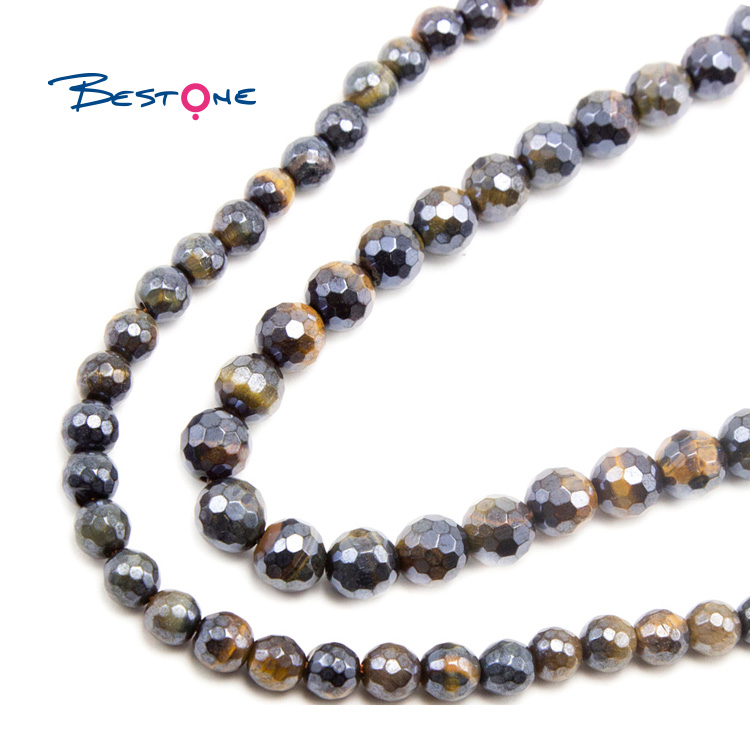 Yellow Tigereye with Luster Faceted Round Beads