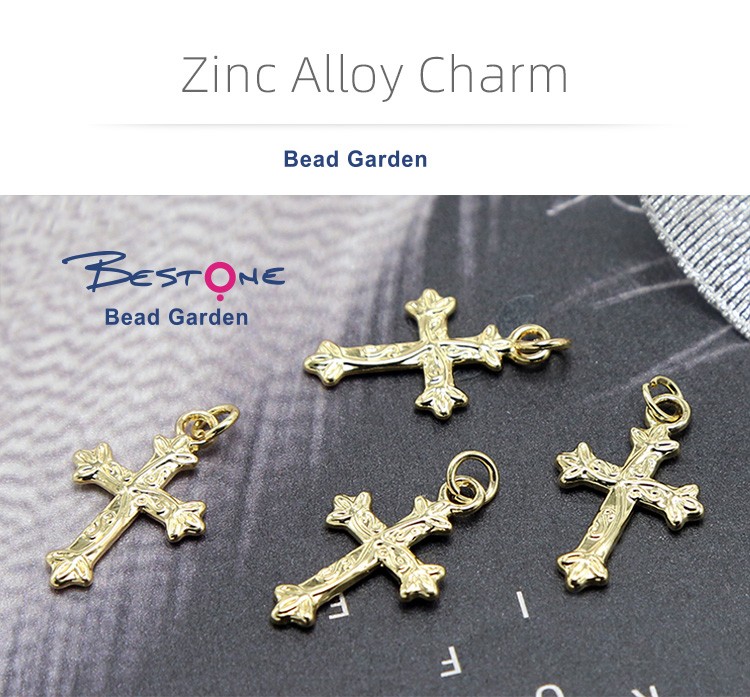 Cross With Flower 14K Real Gold Plated Charm