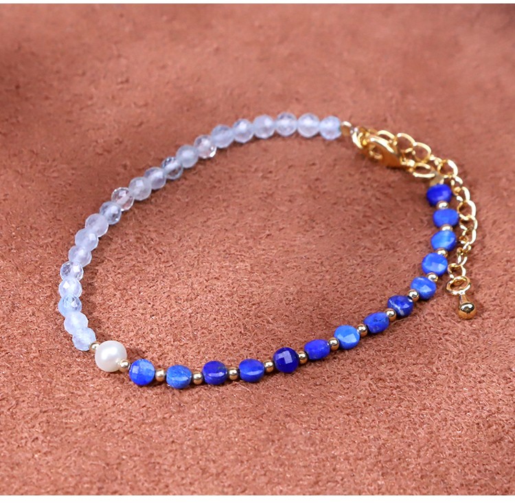 Bracelet - Pearl -4*5mm  Lapis Lazio -3*4mm  Aquamarine - faceted bead -4mm  copper bead - Round bead -2mm-18 5.5cm
