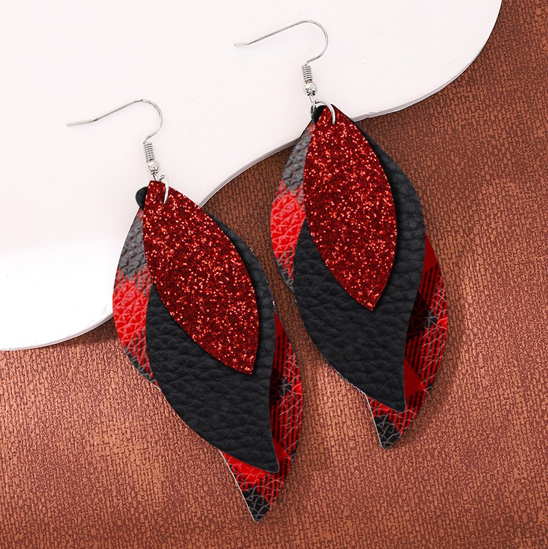 Bestone Hot Colorful Mardi Gras Carnival Leaf Shape Leather Dangle Earrings Layered Shining Mardi Gras Theme Teardrop Earrings