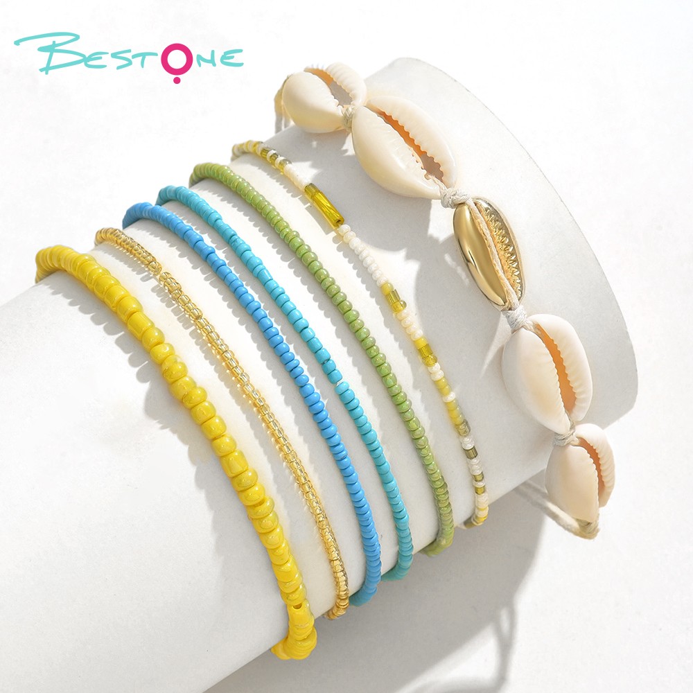 Bracelet Set with Rice Beads and Imitation Shell Starfish Pendant - Green