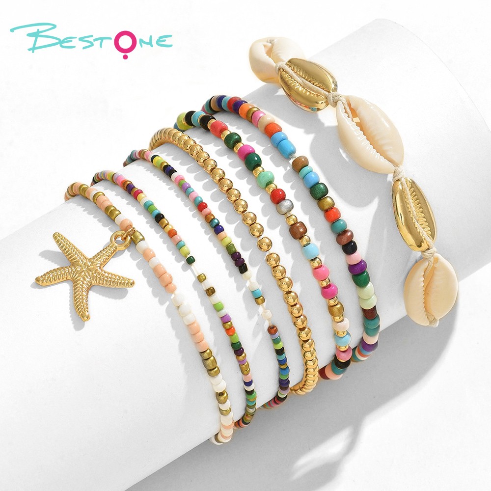 7-Piece Anklet Set Colorful Series Micro Beads Alloy Starfish Pendant 22x22mm White Shell Bracelet with Gold Alloy Shells