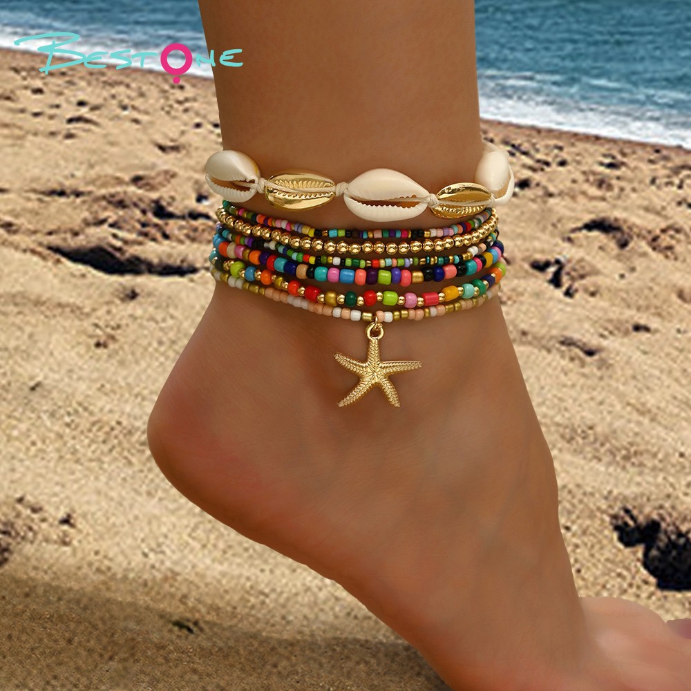 7-Piece Anklet Set Colorful Series Micro Beads Alloy Starfish Pendant 22x22mm White Shell Bracelet with Gold Alloy Shells