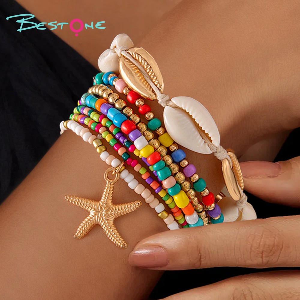 7-Piece Anklet Set Colorful Series Micro Beads Alloy Starfish Pendant 22x22mm White Shell Bracelet with Gold Alloy Shells
