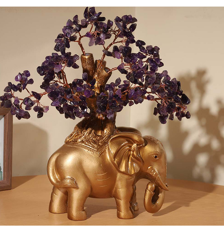 Gemstone Trees with Elephant Resin Base – 26×22cm