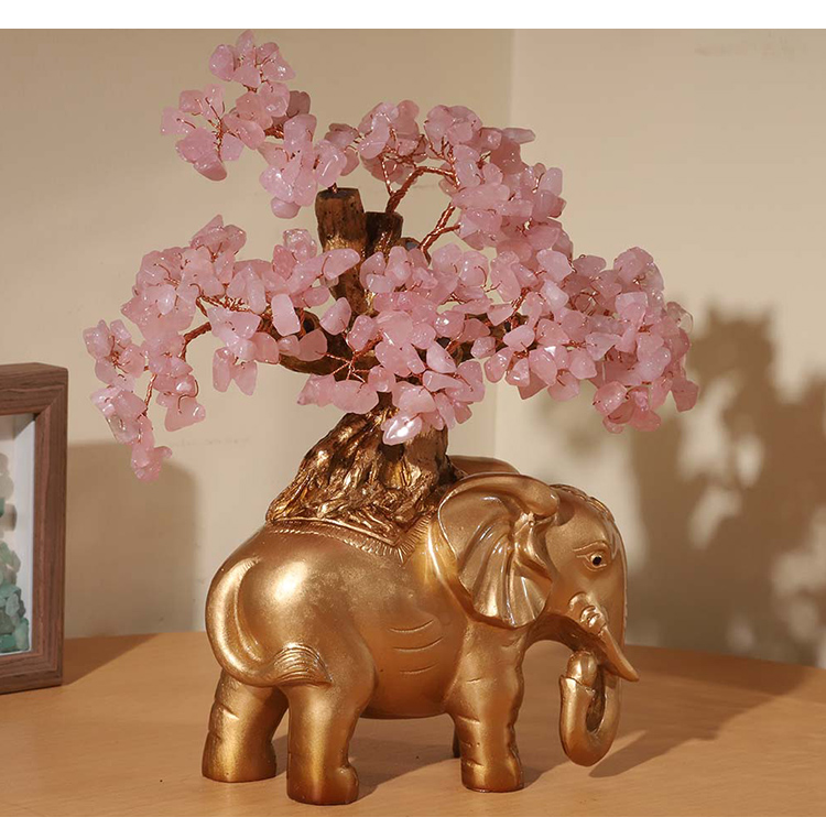 Gemstone Trees with Elephant Resin Base – 26×22cm