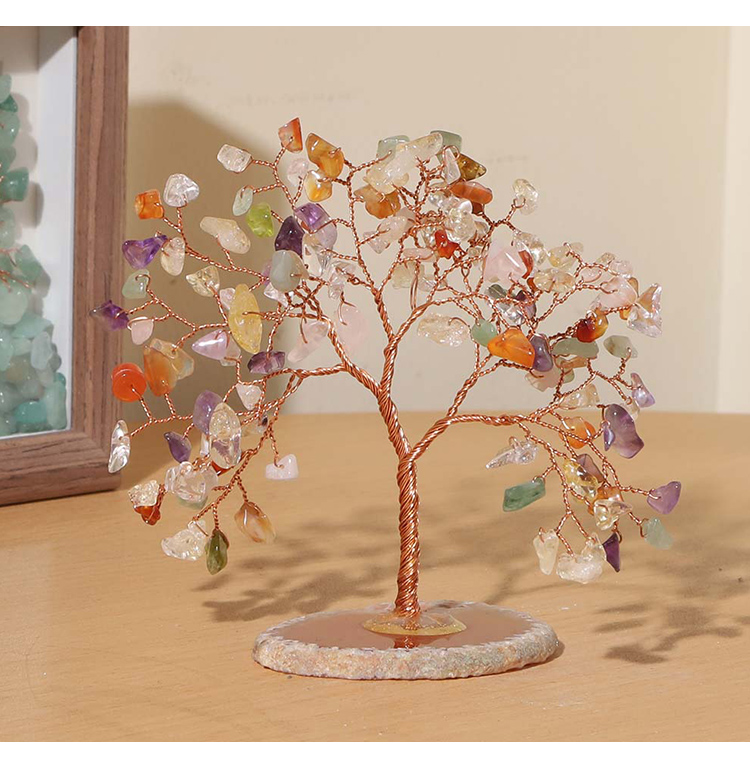 Crystal Chip Gemstone Trees on Agate Slice Base – 10×10cm