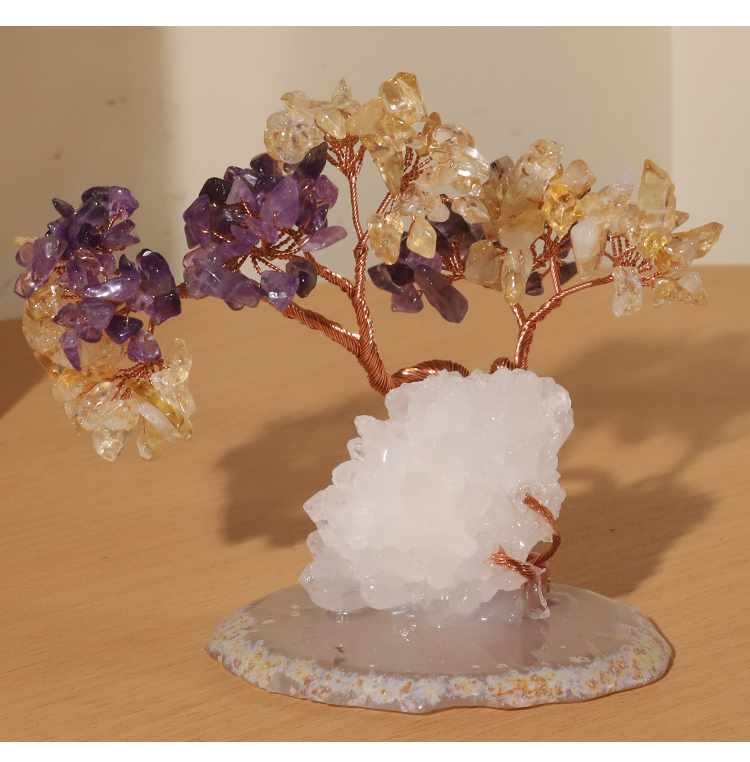 Dual-Crystal Gemstone Trees on Agate Slice with Clear Quartz Tribe Base – 12×10cm