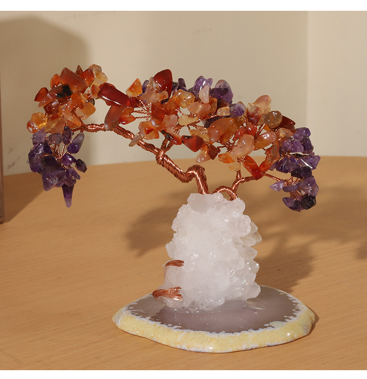 Dual-Crystal Gemstone Trees on Agate Slice with Clear Quartz Tribe Base – 12×10cm