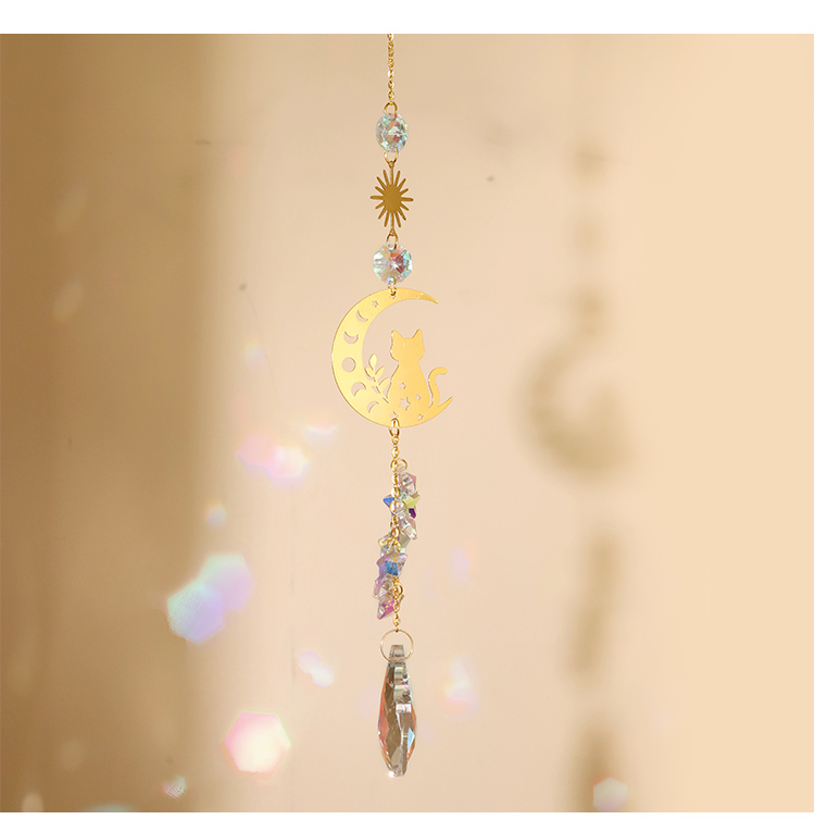 Boho Brass Wind Chime Dreamcatcher – Moon Cat / Mushroom Design with Crystal Drop | 44–46cm