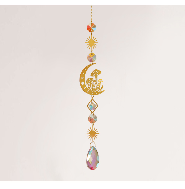 Boho Brass Wind Chime Dreamcatcher – Moon Cat / Mushroom Design with Crystal Drop | 44–46cm