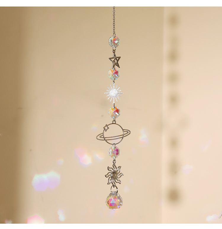 Celestial Silver Alloy Wind Chime Dreamcatcher – Star, Moon, Earth, Geometric Crystals 34–41cm Hanging Spiritual Decor