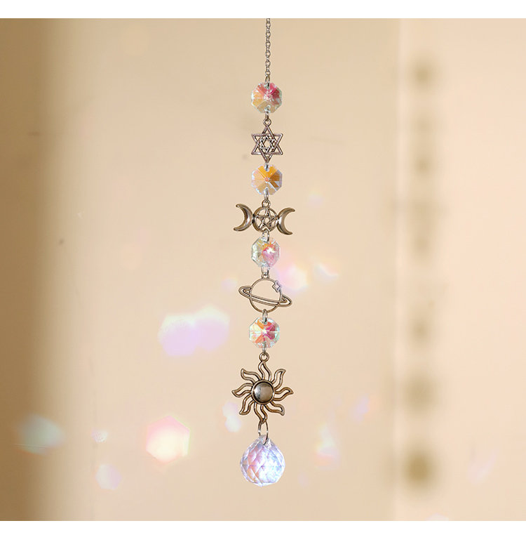 Celestial Silver Alloy Wind Chime Dreamcatcher – Star, Moon, Earth, Geometric Crystals 34–41cm Hanging Spiritual Decor