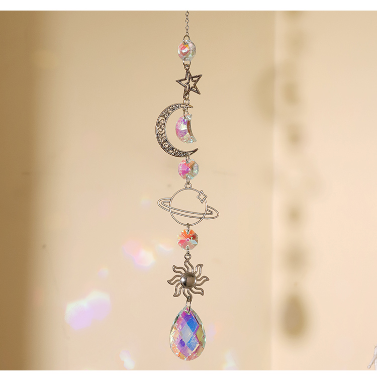 Celestial Silver Alloy Wind Chime Dreamcatcher – Star, Moon, Earth, Geometric Crystals 34–41cm Hanging Spiritual Decor
