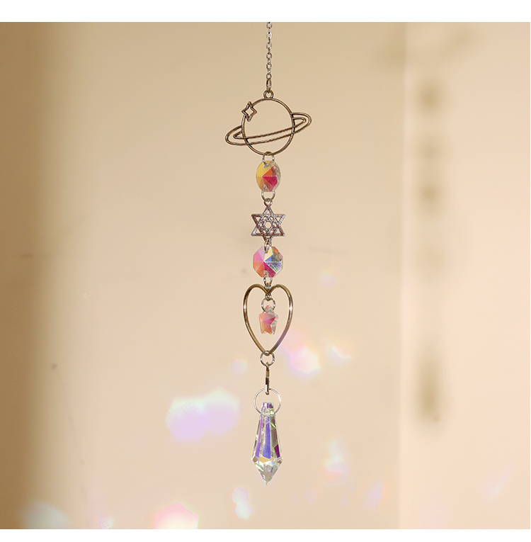 Celestial Silver Alloy Wind Chime Dreamcatcher – Star, Moon, Earth, Geometric Crystals 34–41cm Hanging Spiritual Decor