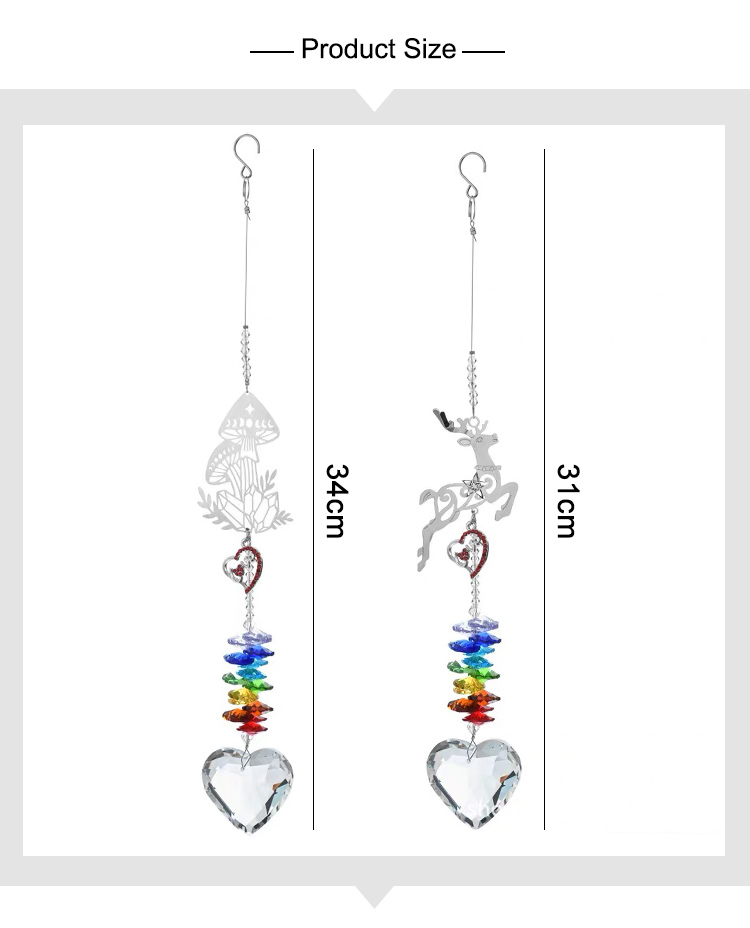 Fairy Forest Crystal Wind Chime – Reindeer / Mushroom Design with Heart Pendant and Rainbow Octagon Crystals 31–34cm