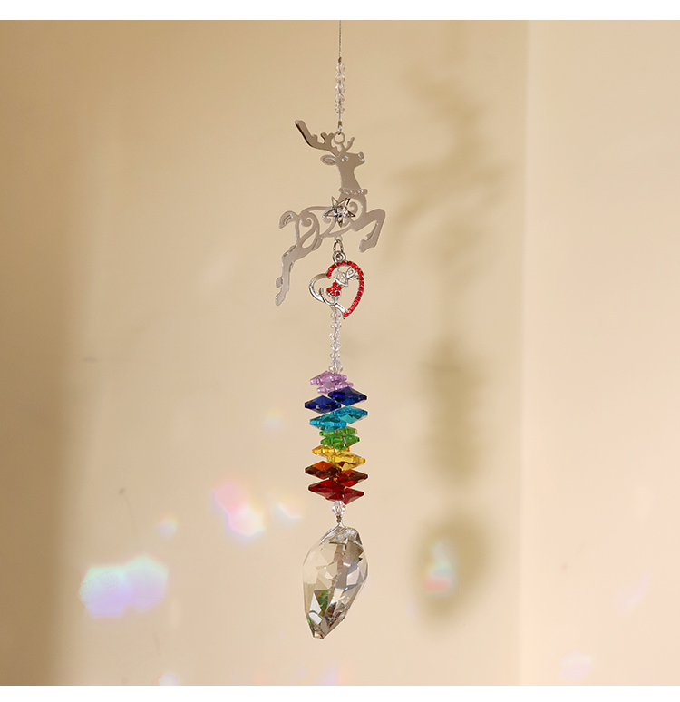 Fairy Forest Crystal Wind Chime – Reindeer / Mushroom Design with Heart Pendant and Rainbow Octagon Crystals 31–34cm