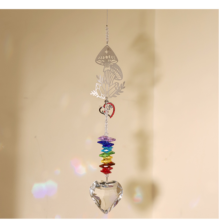 Fairy Forest Crystal Wind Chime – Reindeer / Mushroom Design with Heart Pendant and Rainbow Octagon Crystals 31–34cm