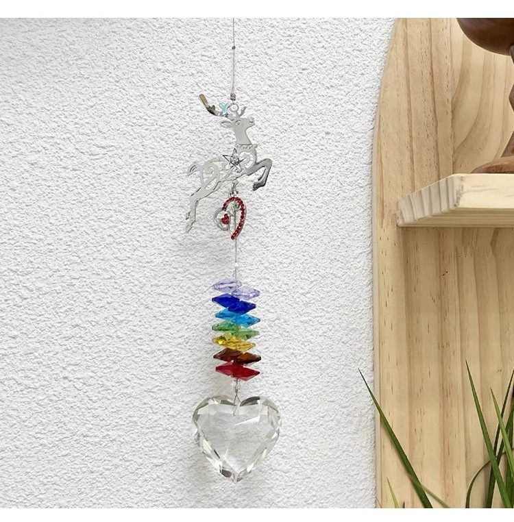 Fairy Forest Crystal Wind Chime – Reindeer / Mushroom Design with Heart Pendant and Rainbow Octagon Crystals 31–34cm