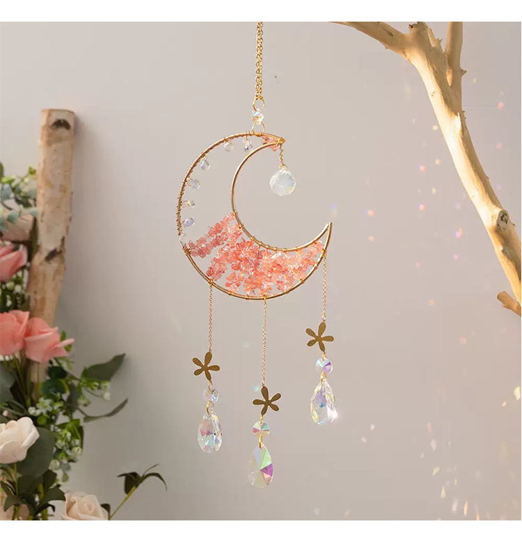 Exquisite Pendant Wind Chimes Collection – Copper Alloy with Wire-Wrapped Moon, Five-Petal Flower