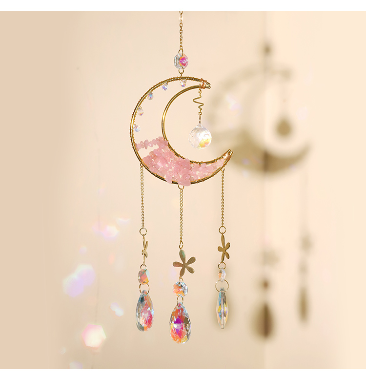 Exquisite Pendant Wind Chimes Collection – Copper Alloy with Wire-Wrapped Moon, Five-Petal Flower