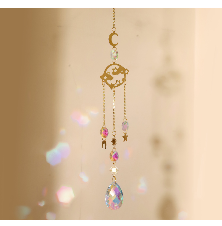 Set of 4 Copper Alloy Pendant Wind Chimes – Moon Plate, Rainbow Flower, Earth, Cloud